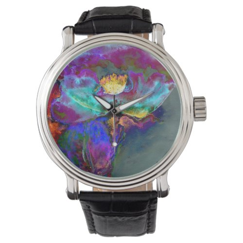 Romantic elegant purple teal flower painting watch