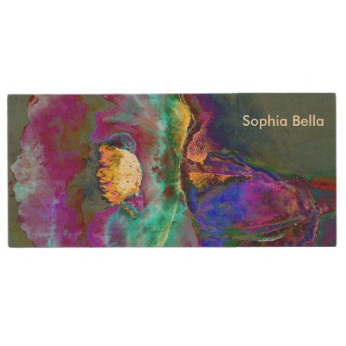 Romantic elegant purple teal flower painting wood USB flash drive