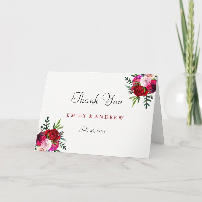 Romantic Elegant  Red Rose Wedding Thank You Card (Front)