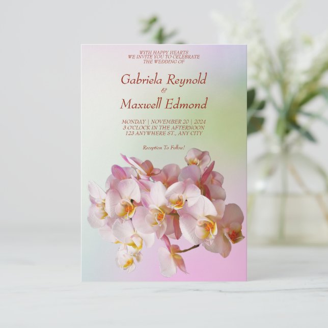 Romantic Elegant Rose White Orchids Wedding Invitation (Standing Front)