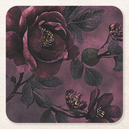 Romantic Elegant roses & Dark Vintage floral Square Paper Coaster