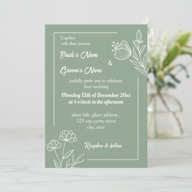 Romantic elegant sage green floral invitation (Standing Front)