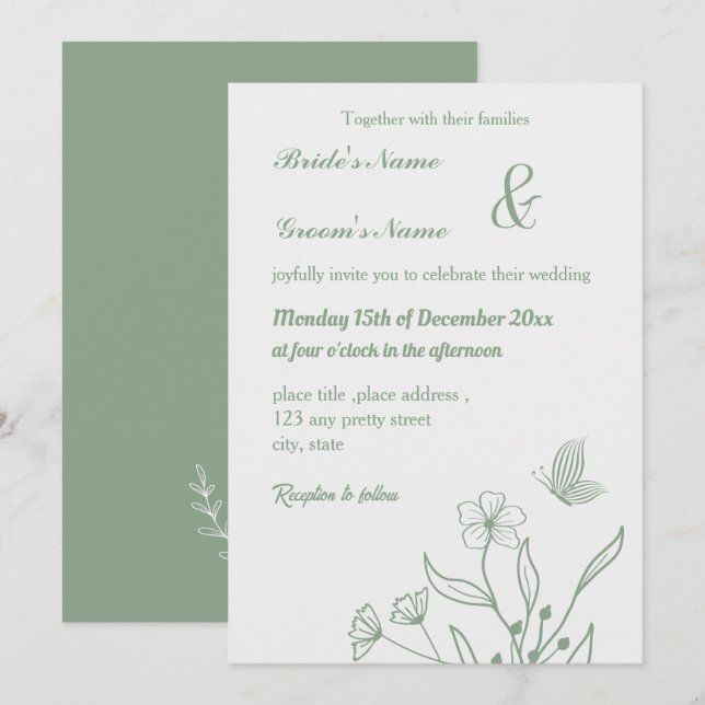 Romantic elegant sage green floral wedding invitation (Front/Back)