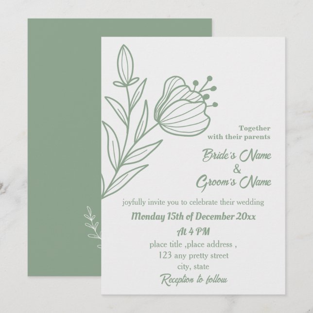 Romantic elegant sage green floral wedding invitation (Front/Back)