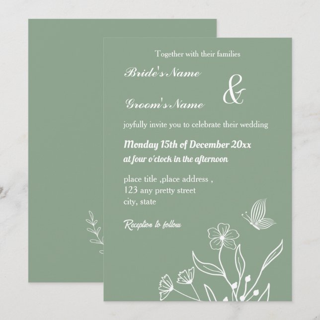 Romantic elegant sage green floral wedding invitation (Front/Back)