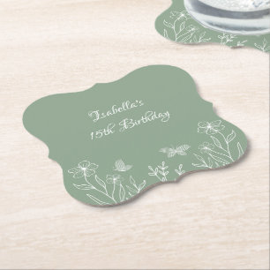 Romantic elegant sage green floral wedding paper coaster