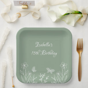 Romantic elegant sage green floral wedding paper plates