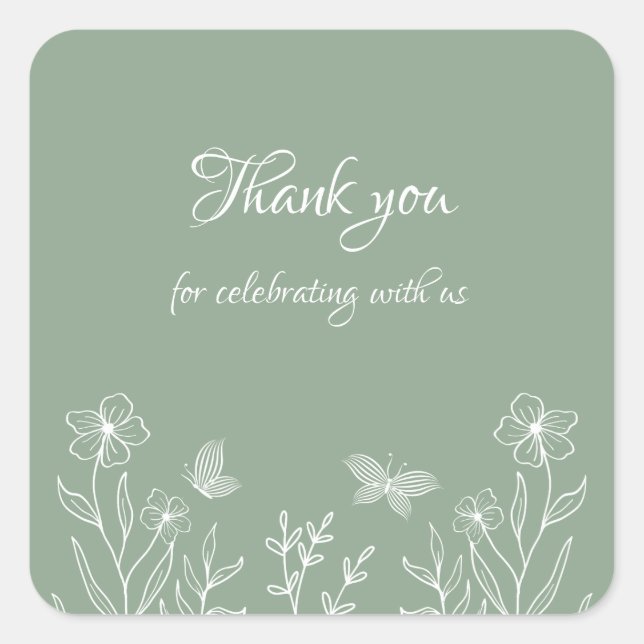 Romantic elegant sage green floral wedding square sticker (Front)