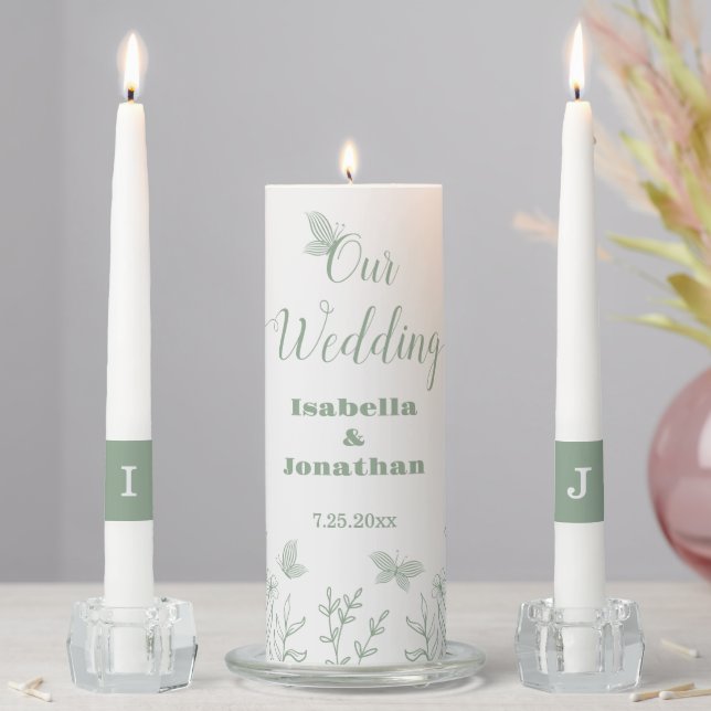 Romantic elegant sage green floral wedding unity candle set (In Situ)