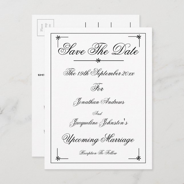 Romantic Elegant Save The Date Invitation Postcard (Front/Back)