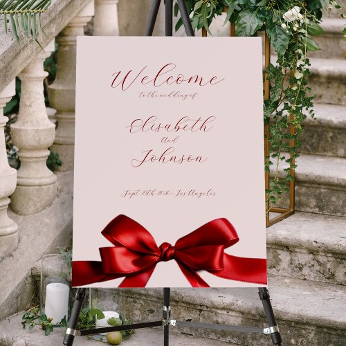 Romantic elegant script bow wedding welcome sign