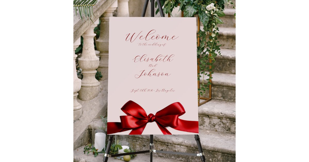 Romantic elegant script bow wedding welcome sign | Zazzle