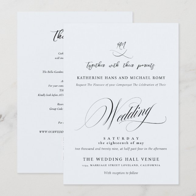 Romantic Elegant Script Calligraphy Wedding Invitation (Front/Back)