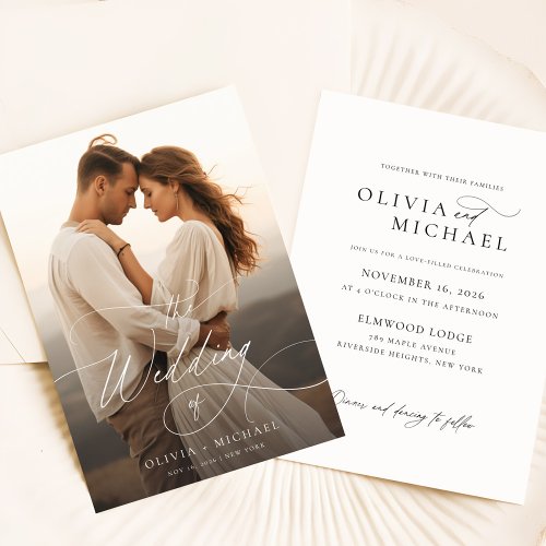 Romantic Elegant Script Sunset Photo Wedding Invitation