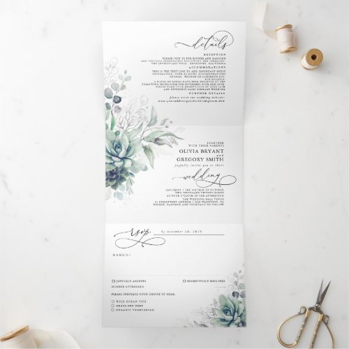 Romantic Elegant Silver Succulent Greenery Wedding Tri_Fold Invitation