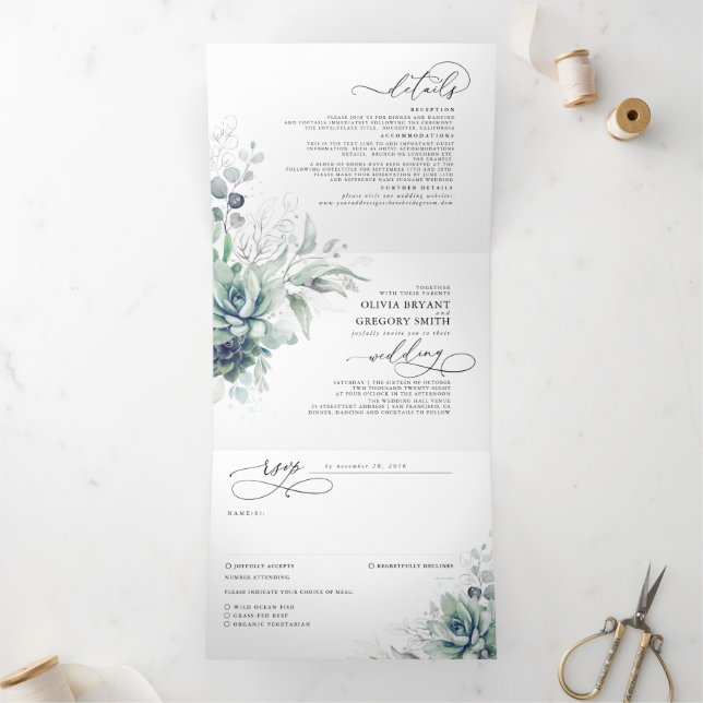 Romantic Elegant Silver Succulent Greenery Wedding Tri-Fold Invitation (Inside)