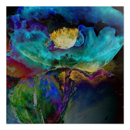 Romantic elegant teal floral watercolor painting poster