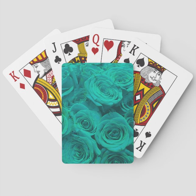 Romantic elegant teal - green  roses poker cards (Back)