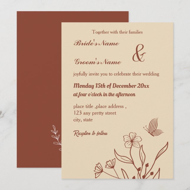 Romantic elegant terracotta floral invitation (Front/Back)
