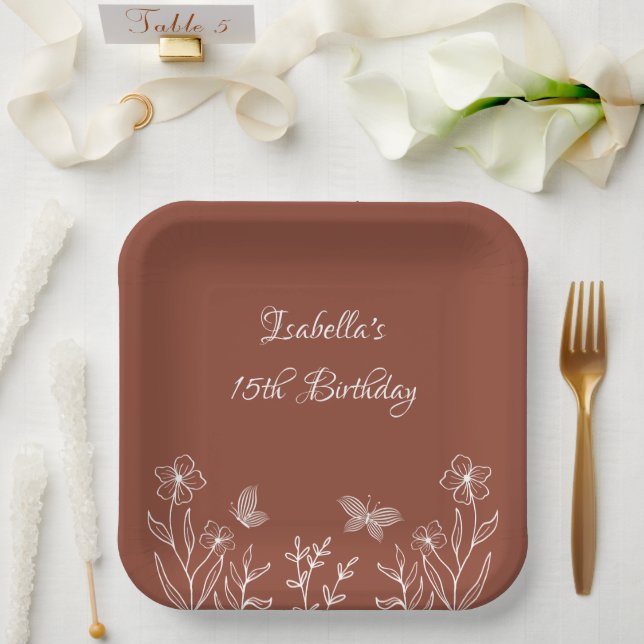 Romantic elegant terracotta floral wedding paper plates (Wedding)
