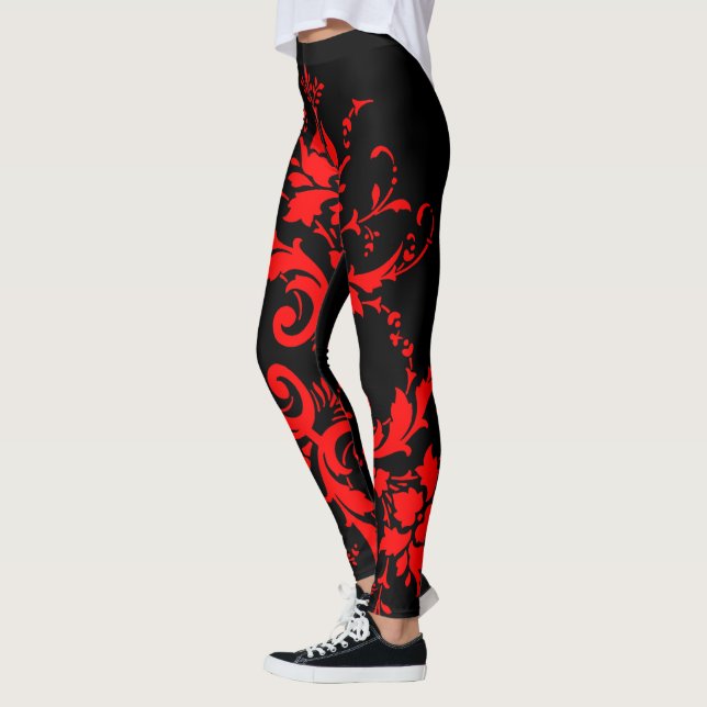 Romantic, Elegant Vintage Damask Red Goth Leggings (Left)