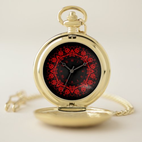 Romantic Elegant Vintage Damask Red Goth  Pocket Watch