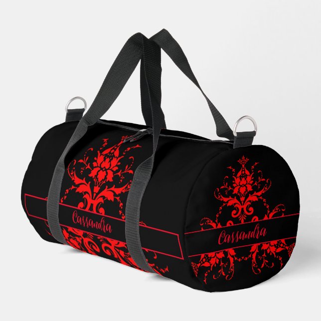 Romantic, Elegant Vintage Red Damask Duffle Bag (Left Corner)