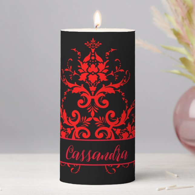 Romantic, Elegant Vintage Red Damask  Pillar Candle (In Situ)