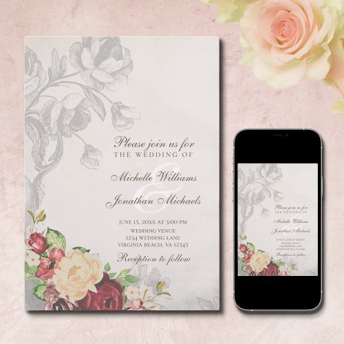 Romantic Elegant Vintage Rose Floral Wedding Invitation
