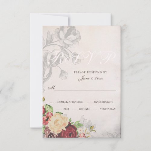 Romantic Elegant Vintage Rose Floral Wedding RSVP Card