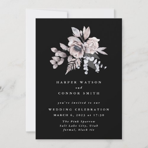 Romantic Elegant Watercolor Black Floral Wedding Invitation