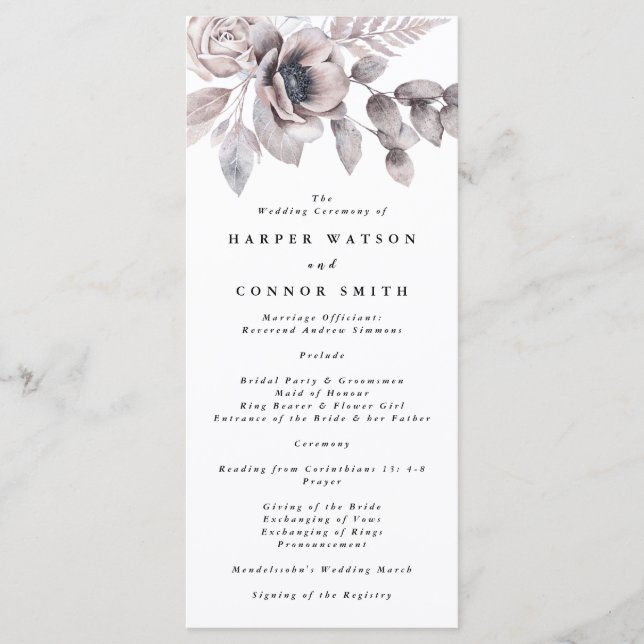 Romantic Elegant Watercolor Floral Wedding Program (Front)
