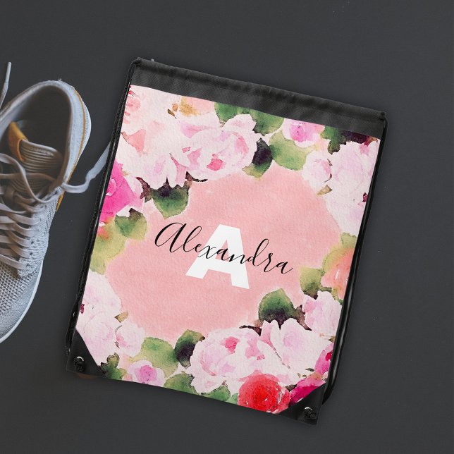 Romantic Elegant Watercolor Pink Roses Monogram Drawstring Bag (Creator Uploaded)