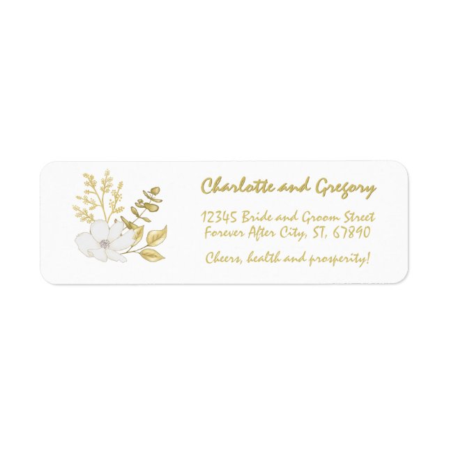 Romantic Elegant White Gold Floral Return Address Label (Front)