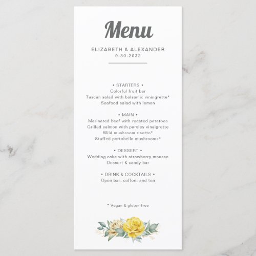 Romantic elegant yellow roses watercolor wedding menu