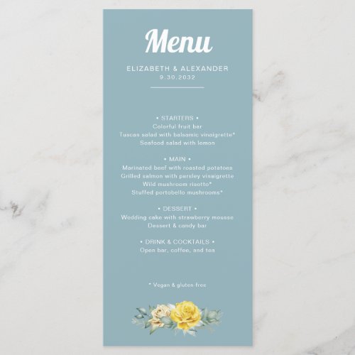 Romantic elegant yellow roses watercolor wedding menu