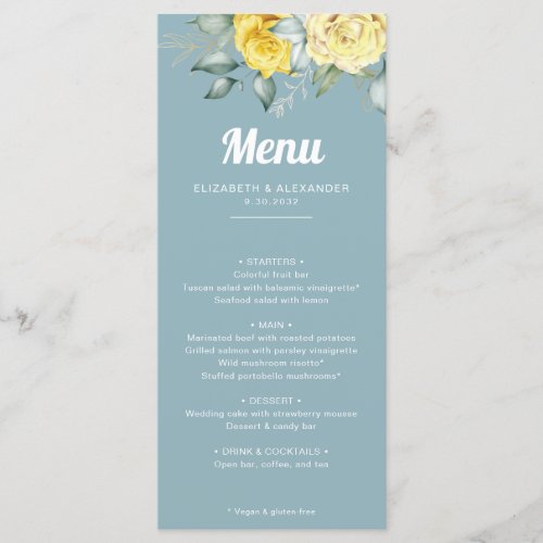 Romantic elegant yellow roses watercolor wedding menu