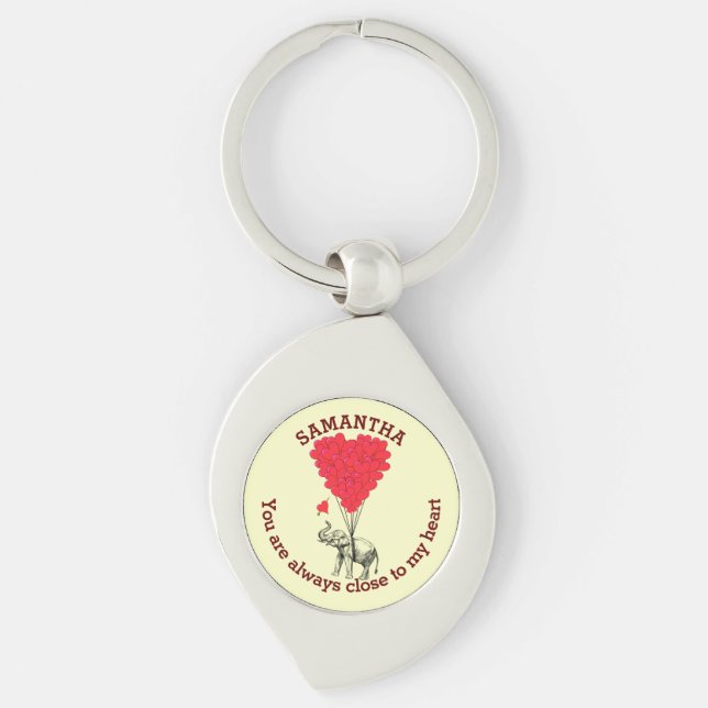 Romantic elephant and red heart personalized keychain (Front)
