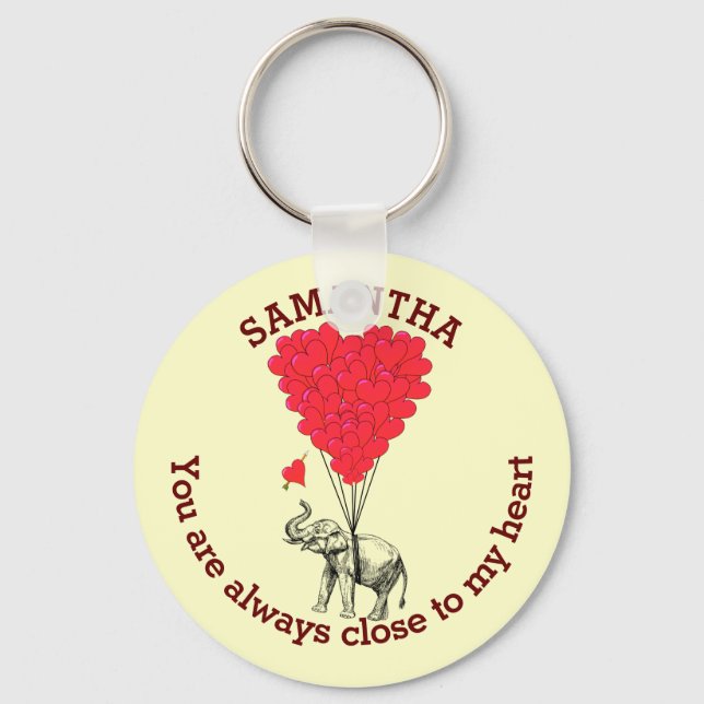 Romantic elephant and red heart personalized keychain (Front)