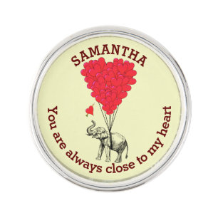 Romantic elephant and red heart personalized pin