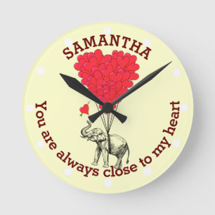 Romantic elephant and red heart personalized round clock
