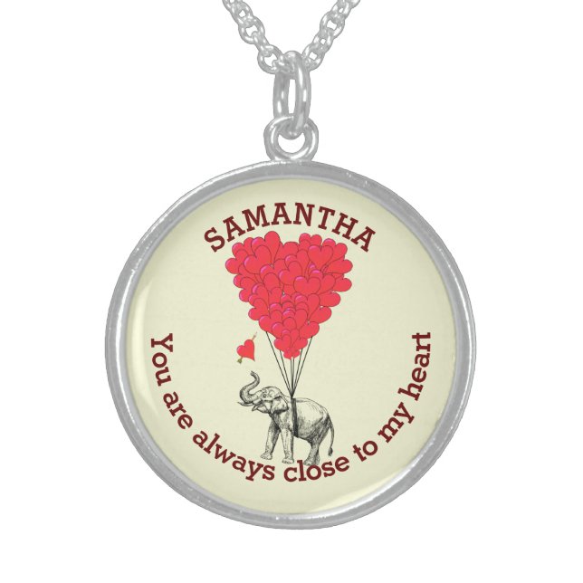 Romantic elephant and red heart personalized sterling silver necklace (Front)