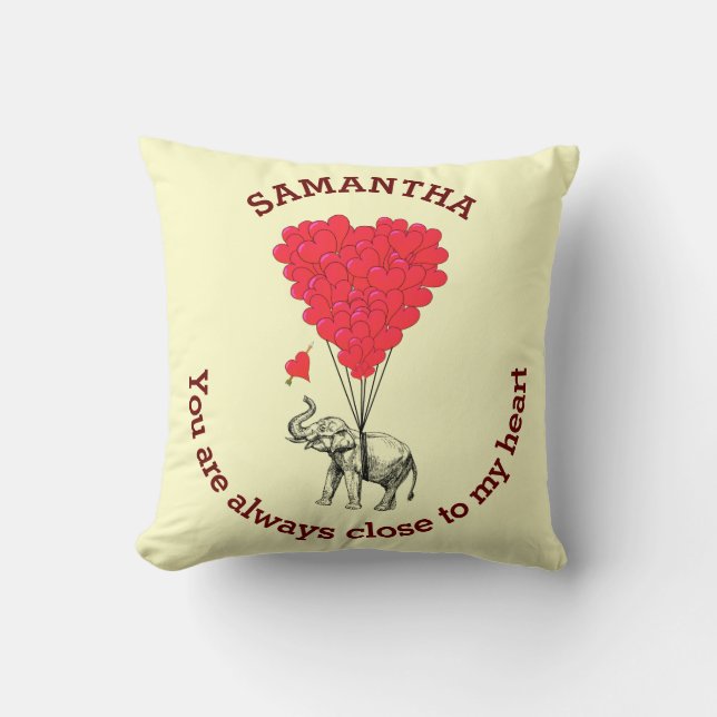 Romantic elephant and red heart personalized throw pillow (Front)