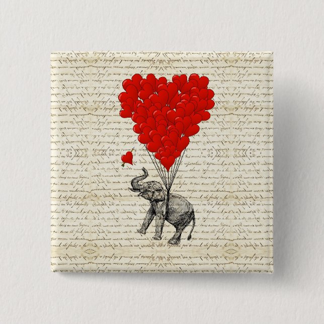 Romantic elephant & heart balloons button (Front)