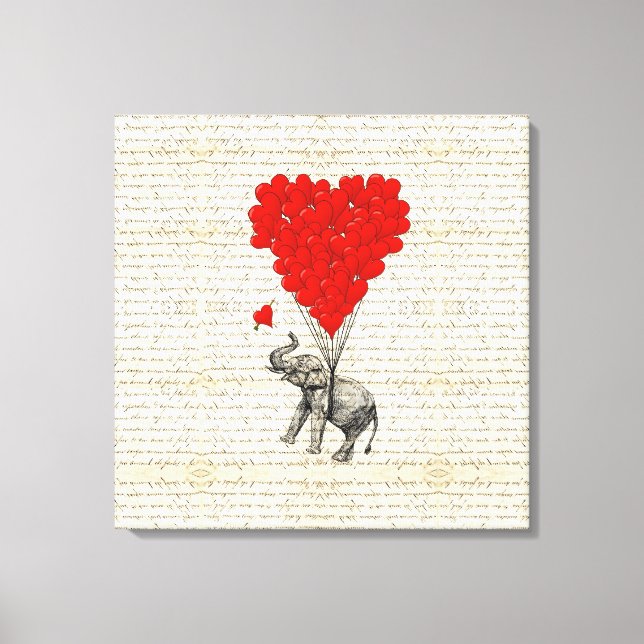 Romantic elephant & heart balloons canvas print (Front)