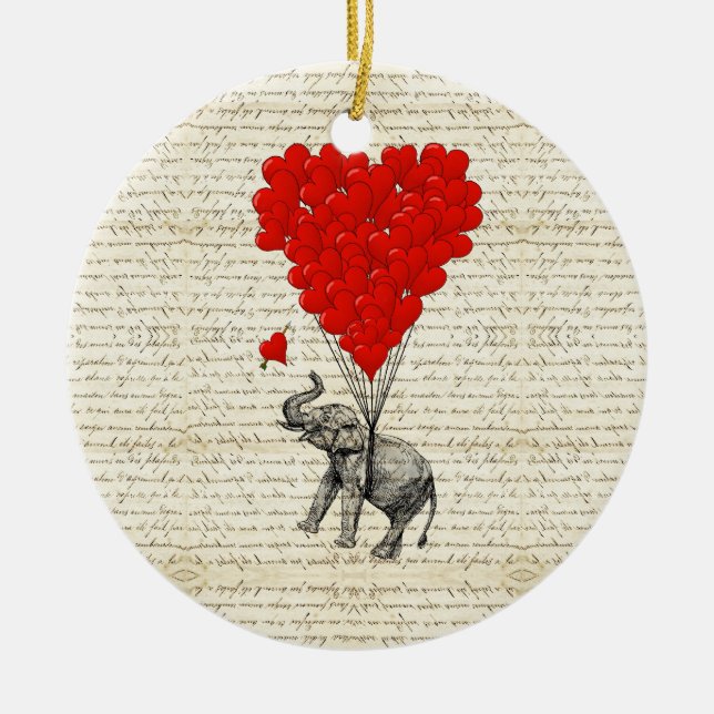Romantic elephant & heart balloons ceramic ornament (Front)