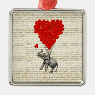 Romantic elephant & heart balloons metal ornament