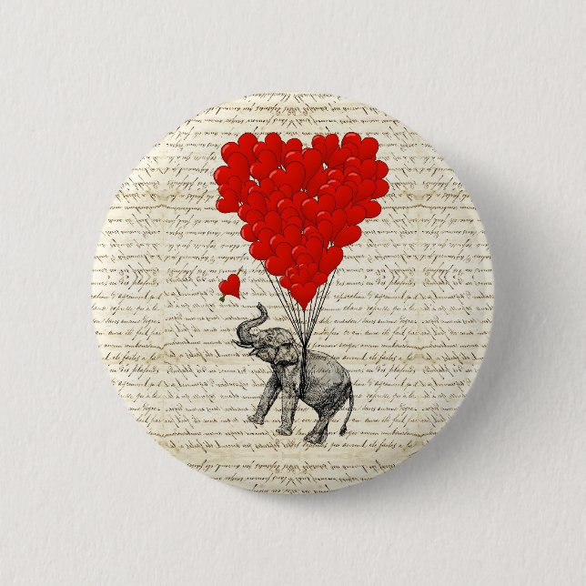 Romantic elephant & heart balloons pinback button (Front)