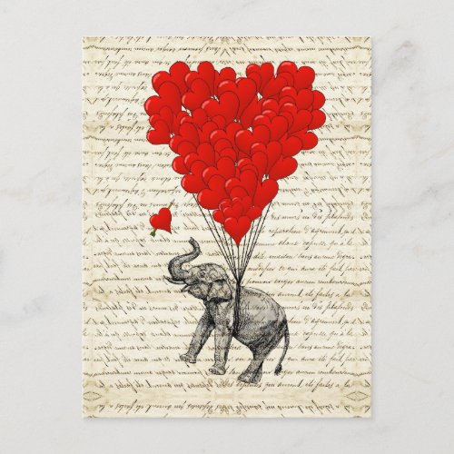 Romantic elephant  heart balloons postcard