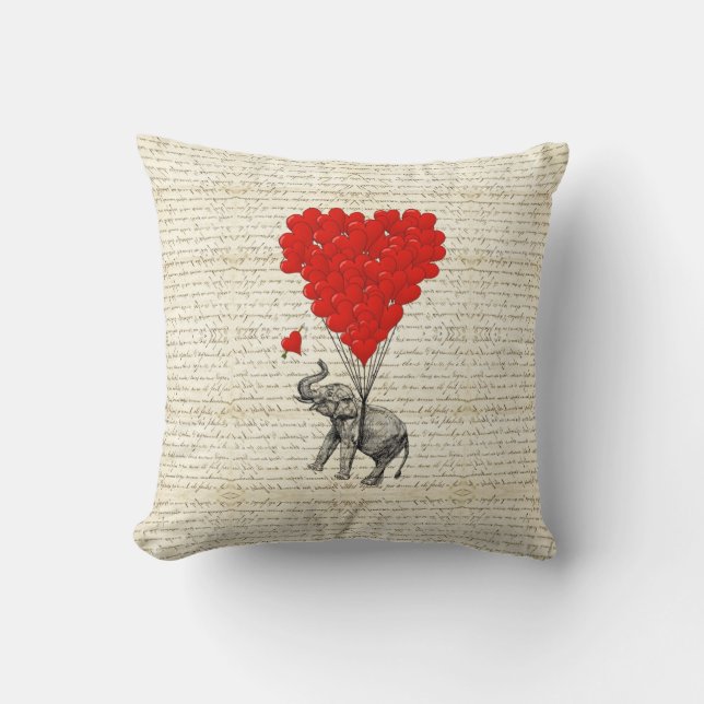 Romantic elephant & heart balloons throw pillow (Front)